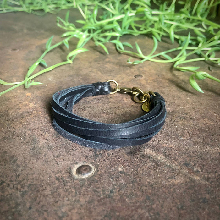 Astali Leather 7-Strand Bracelet-Black & Brass, Boho Western