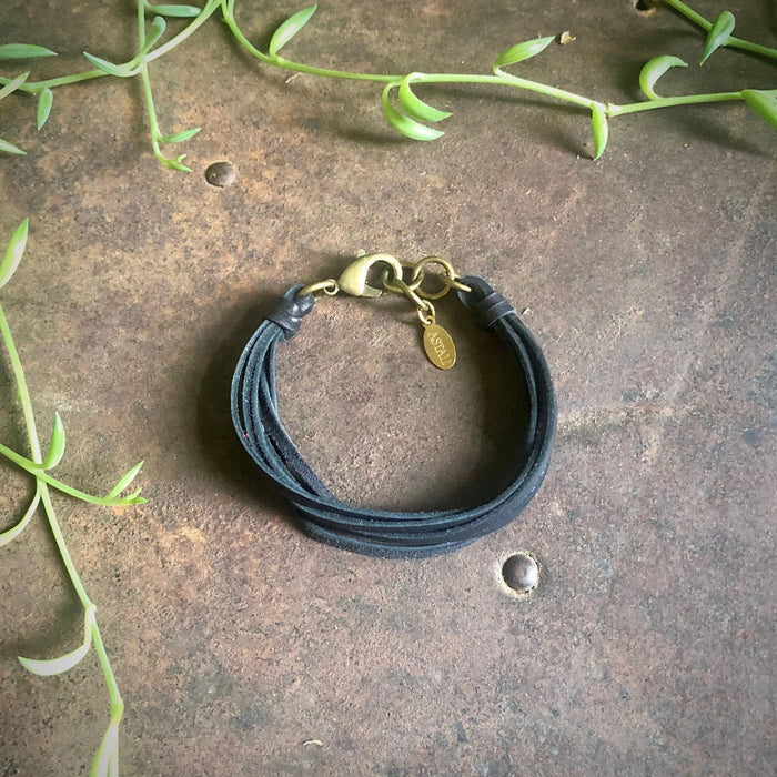 Astali Leather 7-Strand Bracelet-Black & Brass, Boho Western