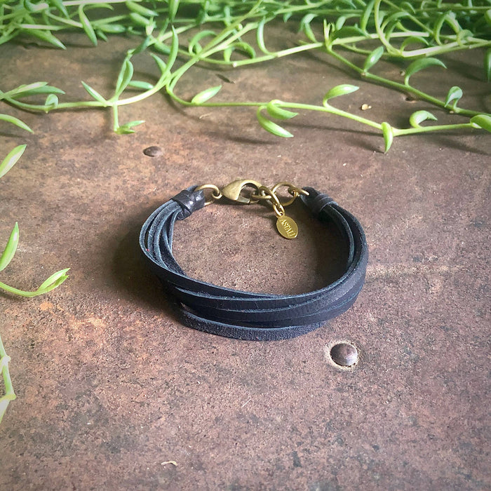 Astali Leather 7-Strand Bracelet-Black & Brass, Boho Western