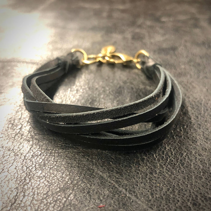 Astali Leather 7-Strand Bracelet-Black & Brass, Boho Western