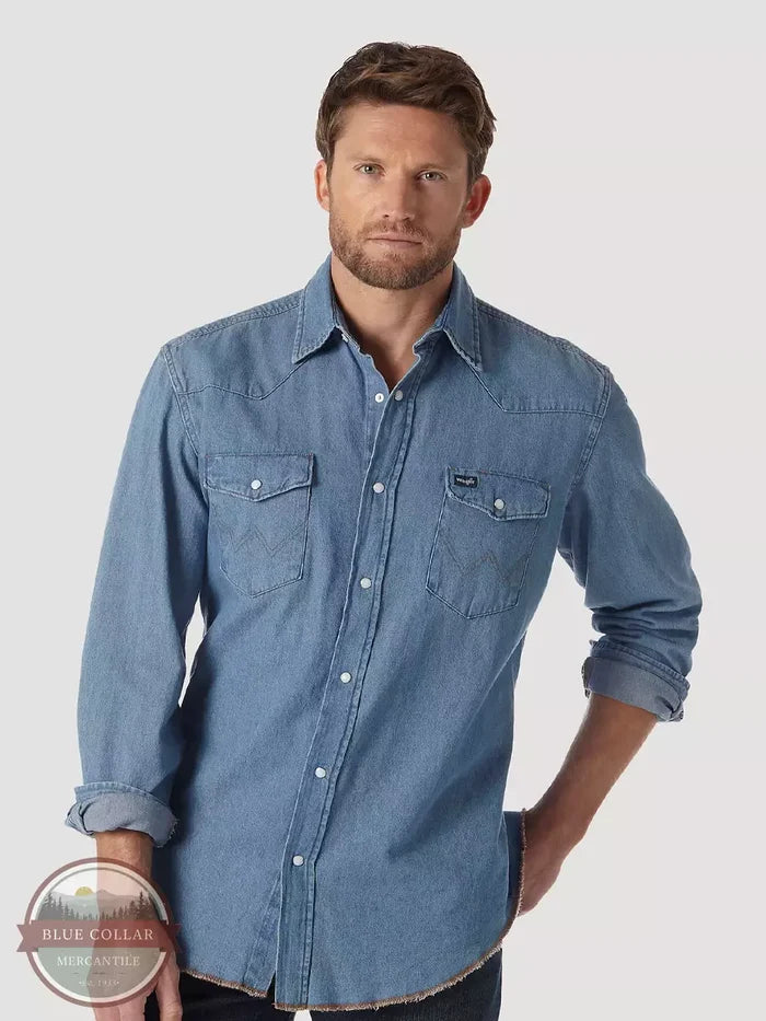 Wrangler 70127SW Authentic Cowboy Cut® Long Sleeve Denim Snap Work Shirt in Stonewash Front View