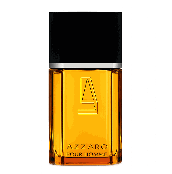 Azzaro Pour Homme Eau de Toilette in an amber glass bottle with a black cap, silver band and embossed logo