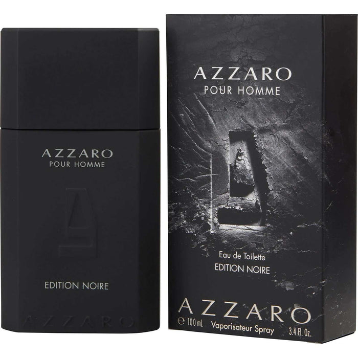 Azzaro Pour Homme Eau de Toilette in a black rectangular bottle and matching textured box, Edition Noire 100 mL spray