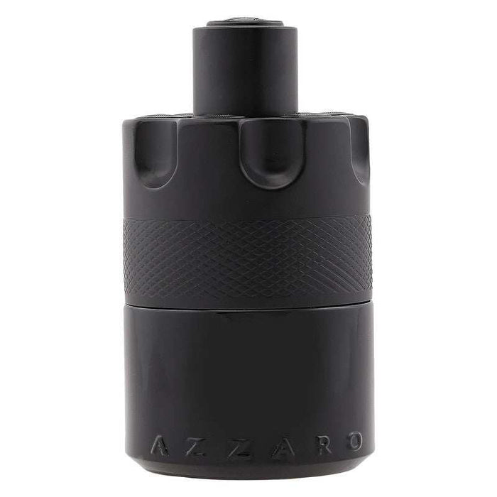 Azzaro The Most Wanted Eau fragrance in a matte black bottle with a textured crosshatch band and raised lettering