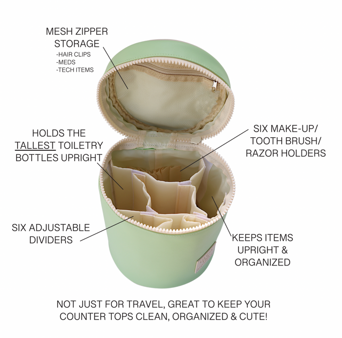 Mint green travel toiletry organizer with adjustable dividers and mesh zipper storage for bottles and brushes.