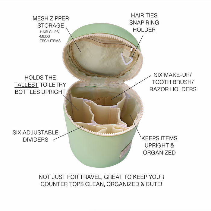 Mint green toiletry organizer with adjustable dividers, mesh storage, and six holders for brushes and razors.