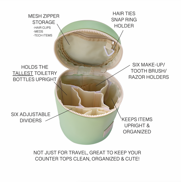 Green toiletry organizer with mesh zip storage, six adjustable dividers, and snap ring holder for hair ties.