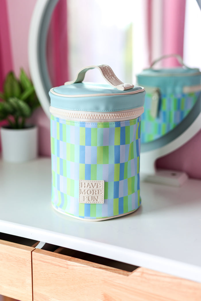 Colorful round storage bag in blue, green, and purple with a zip closure and carrying handle.