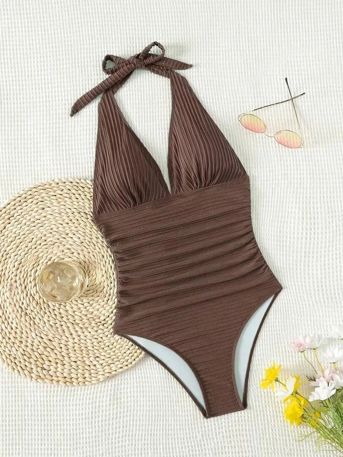 Baddräkt med halterneck och rynkade detaljer för dam  Shapewear