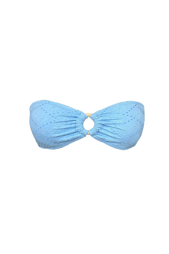 Bliss bandeau bikini top with center ring in blue eyelet
