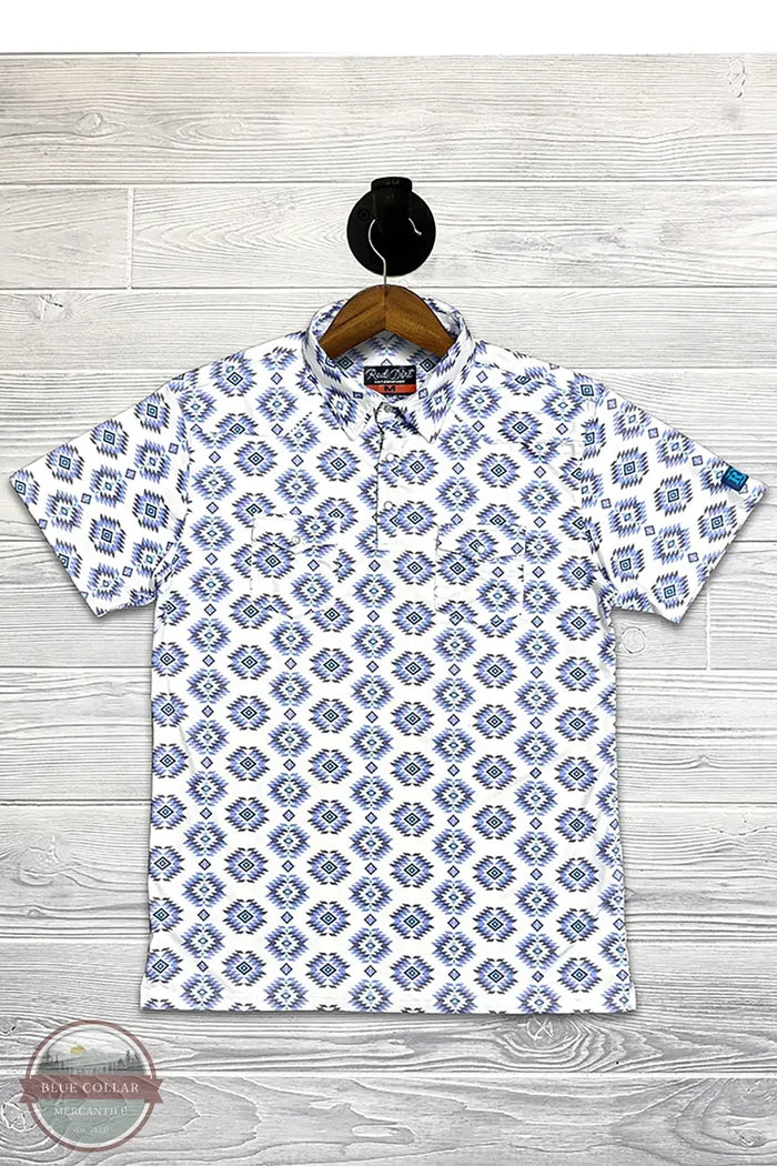 Red Dirt Hat Company RDPSSBUWHAZ Blue & White Aztec Short Sleeve Polo, flat