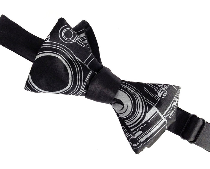 Dove gray ink on a black bow tie.
