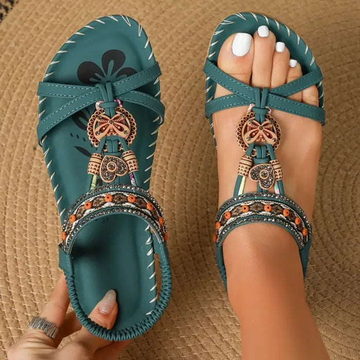 Pearl embellished elastic strap flat sandals, front product view