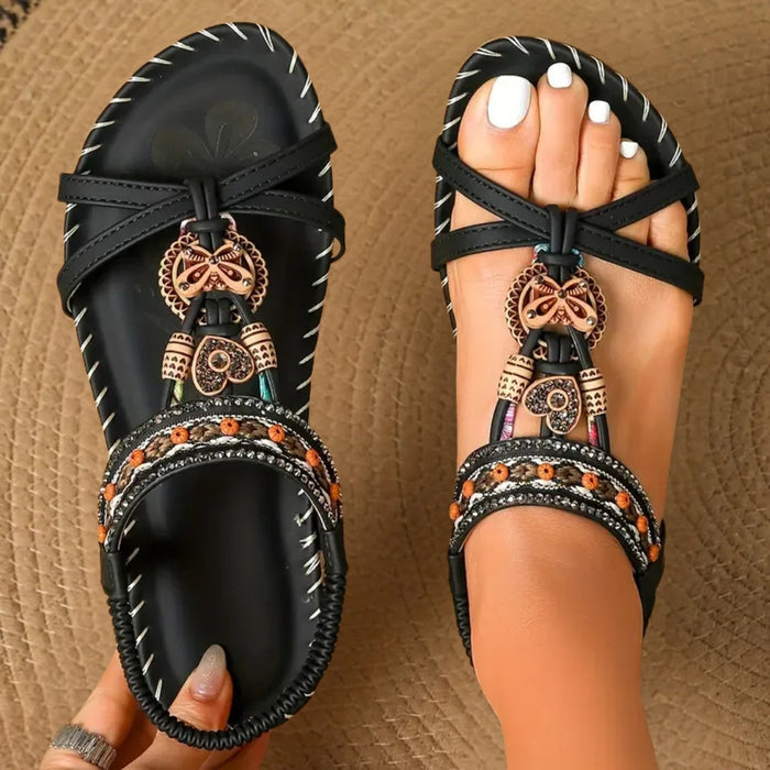 Pearl embellished elastic strap flat sandals, top-down view