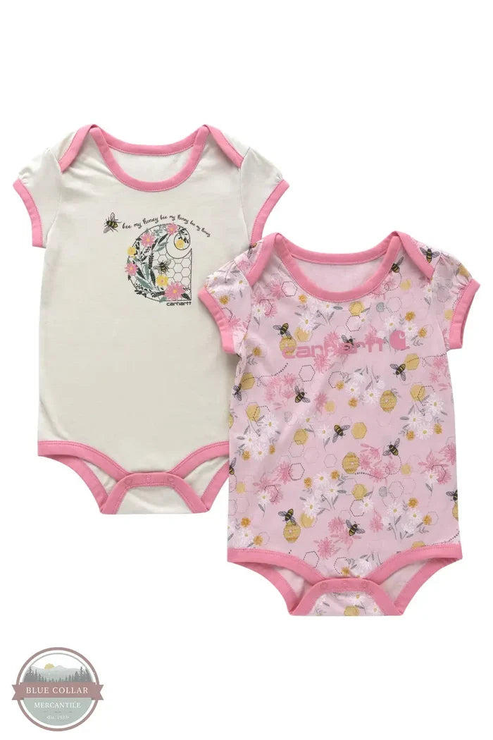 Carhartt CG9921-CA35 Two-Piece Bee Print Onesie Set in pink and cream, front