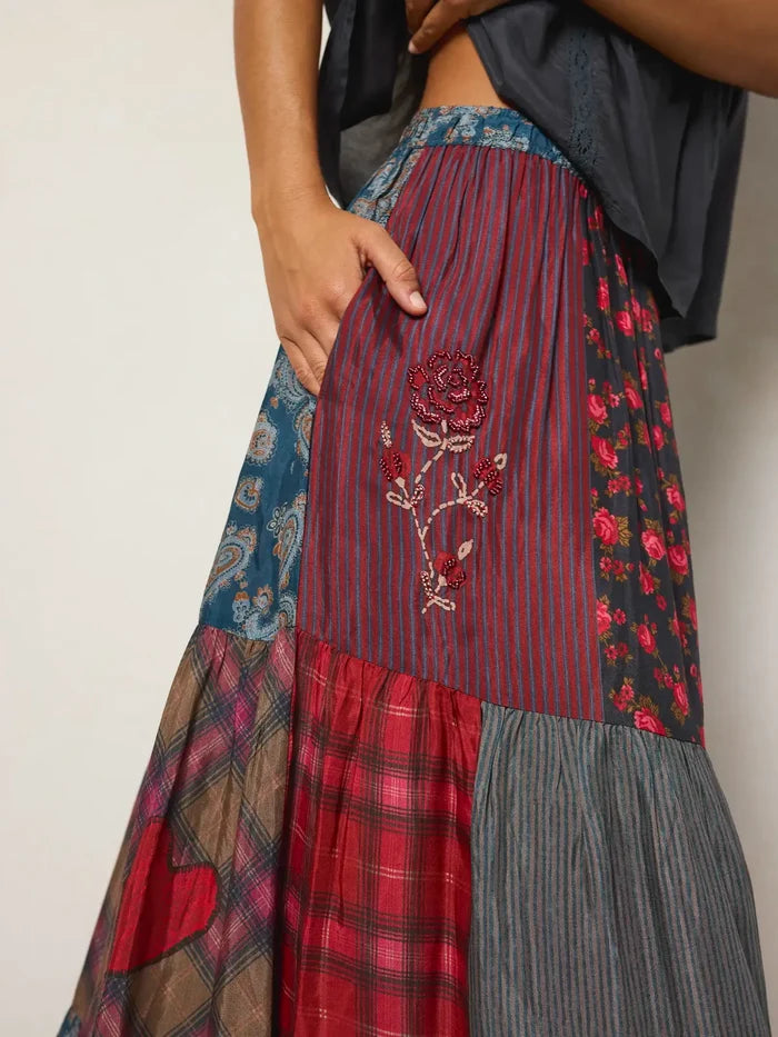 Chey Maxi Skirt - Aspen Patchwork Burgundy-view 3