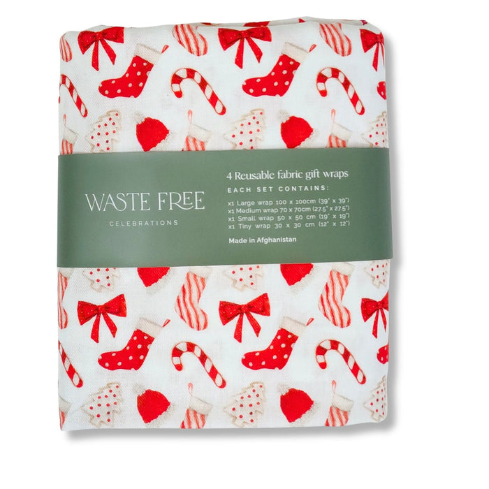 Waste Free Celebrations Christmas Cookies and Candy Furoshiki Gift Wraps- Set of 4