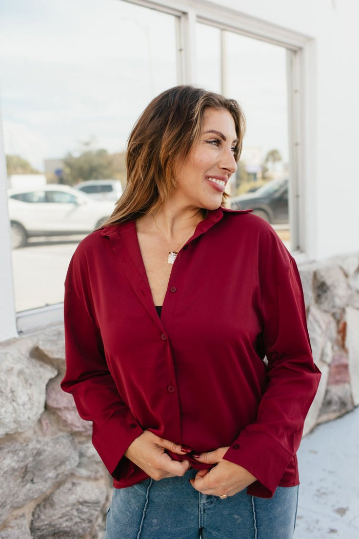 Classic Kathryn Button Up Top in Maroon - Reg & Curvy - Macoma Boutique120 Long Sleeve