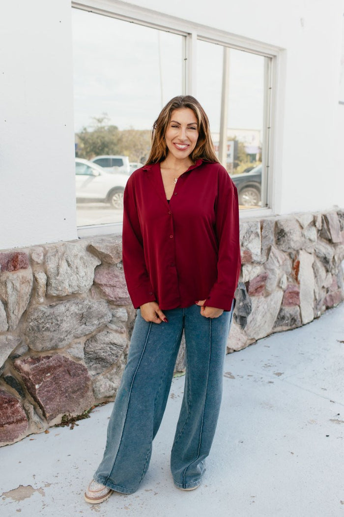 Classic Kathryn Button Up Top in Maroon - Reg & Curvy - Macoma Boutique120 Long Sleeve