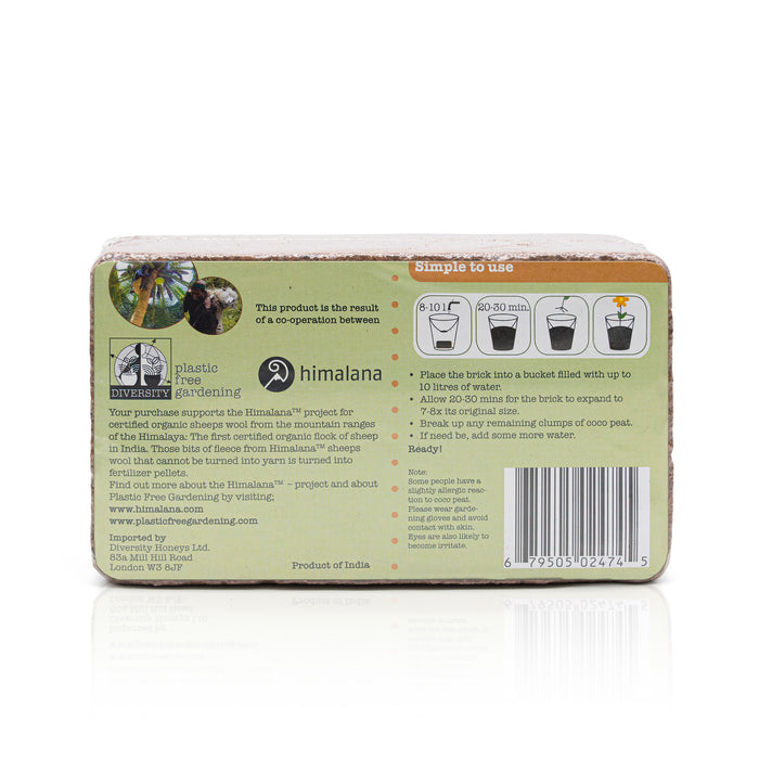 Compost block with Sheep Wool Pellets. Back of packaging.