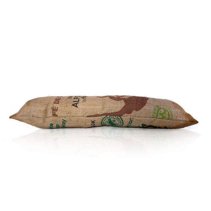 door draught excluder made from a recycled hessian coffee sack and wool