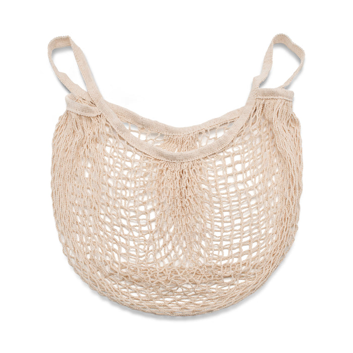 Cream coloured cotton string bag lay down on a white background.