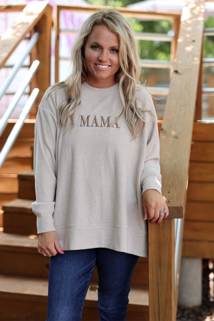 Light beige 'MAMA' knitted pullover sweatshirt for women, stylish and comfortable, perfect for casual wear.