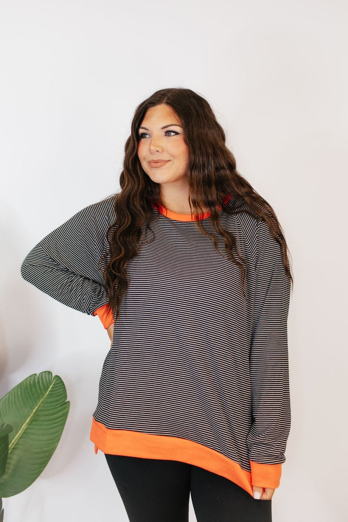 Cozy Trends Pullover In Stripe Orange - Reg & Curvy - Macoma Boutique130 Sweaters