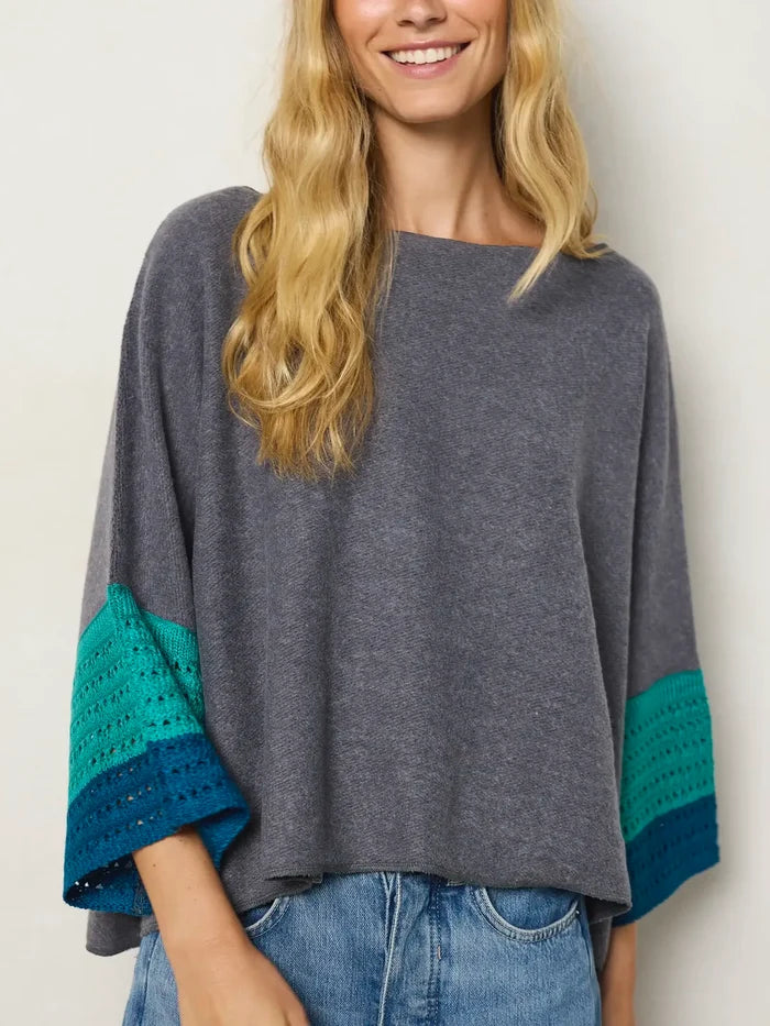 Crochet Trim Boxy Sweater - Charcoal-view 1
