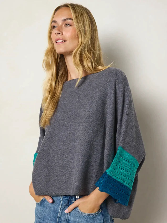 Crochet Trim Boxy Sweater - Charcoal-view 3