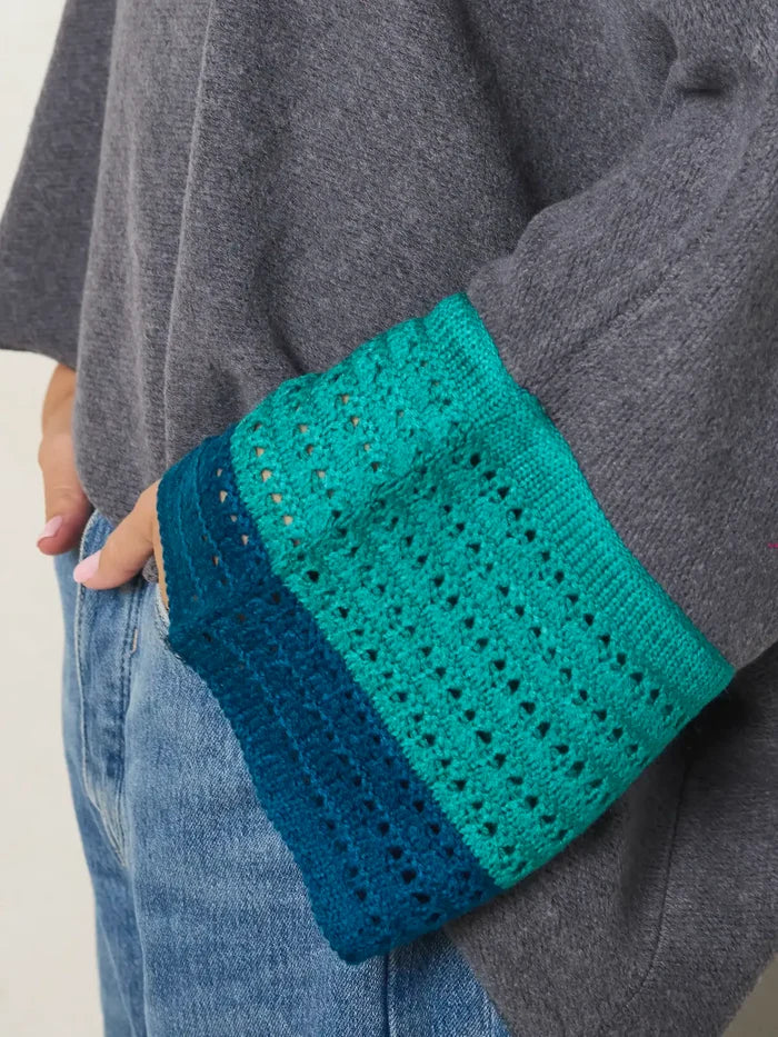 Crochet Trim Boxy Sweater - Charcoal-view 4