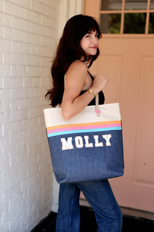 Personalized denim tote bag with colorful stripes, featuring the name 'Molly', perfect for stylish everyday use.