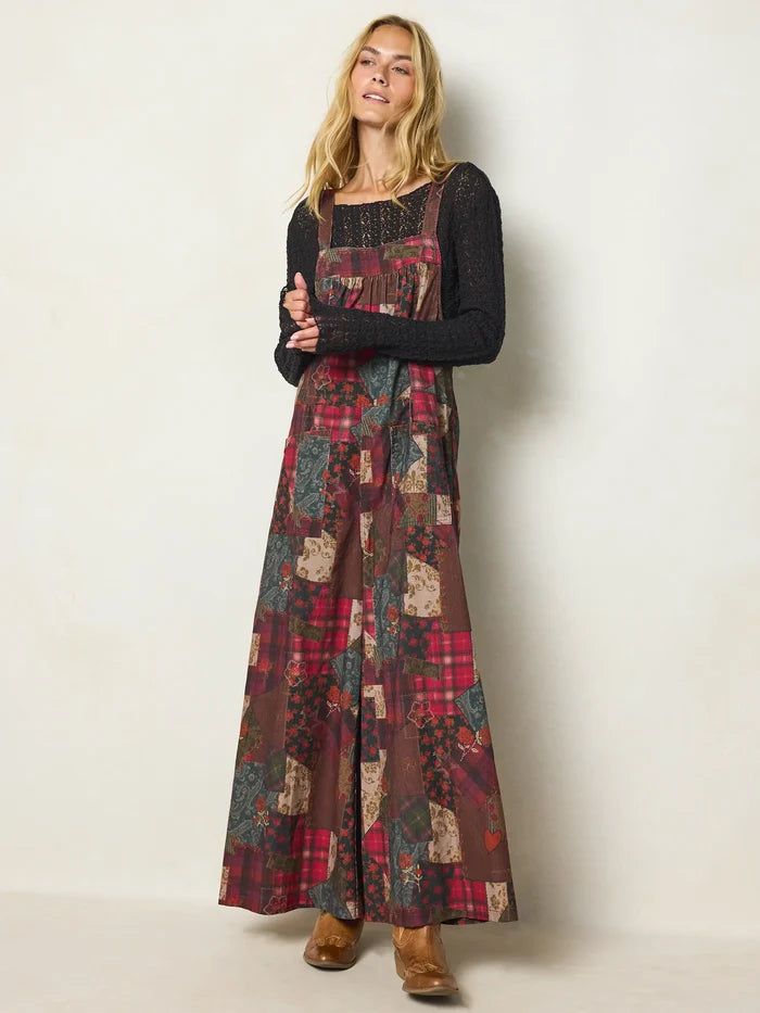 Dakota Cotton Corduroy Tie Overall - Aspen Patchwork Burgundy-view 1