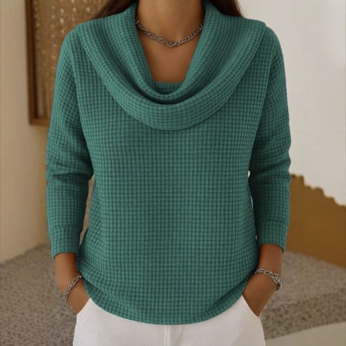Thessaly | Women's Cowl Neck Waffle Knit Sweater - Teal - Image 1