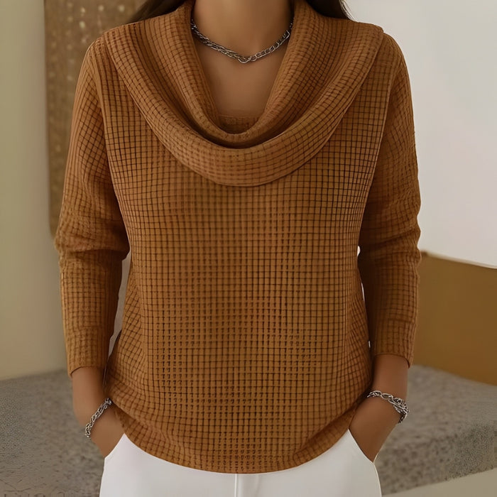 Thessaly | Women's Cowl Neck Waffle Knit Sweater - Teal - Image 3