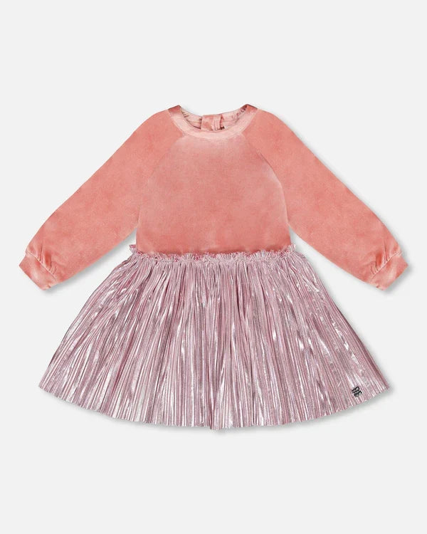 Deux Par Deux Bi Material Long Sleeve Dress -Silver Pink