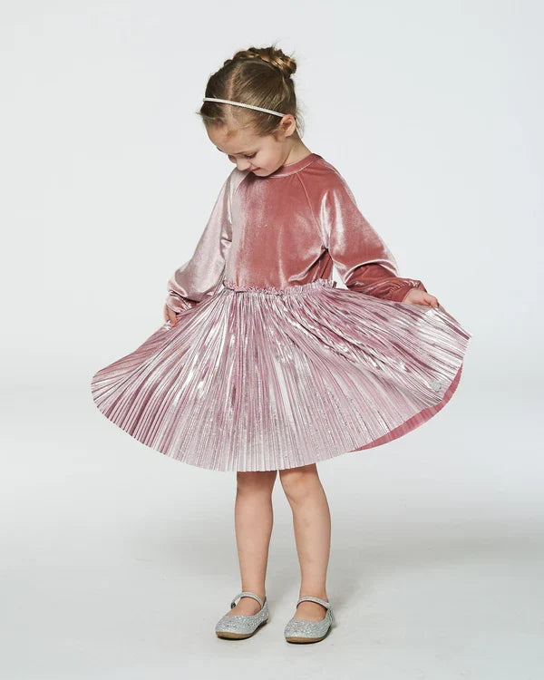 Deux Par Deux Bi Material Long Sleeve Dress -Silver Pink