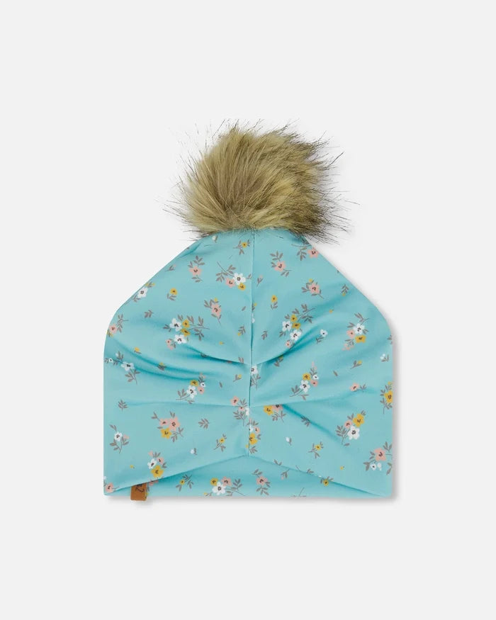 Deux Par Deux Detachable Pompom Hat - Blue Little Flowers