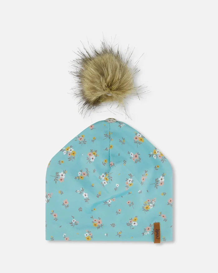 Deux Par Deux Detachable Pompom Hat - Blue Little Flowers