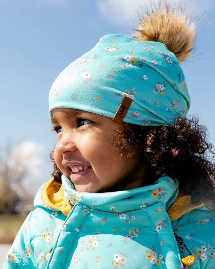 Deux Par Deux Detachable Pompom Hat - Blue Little Flowers