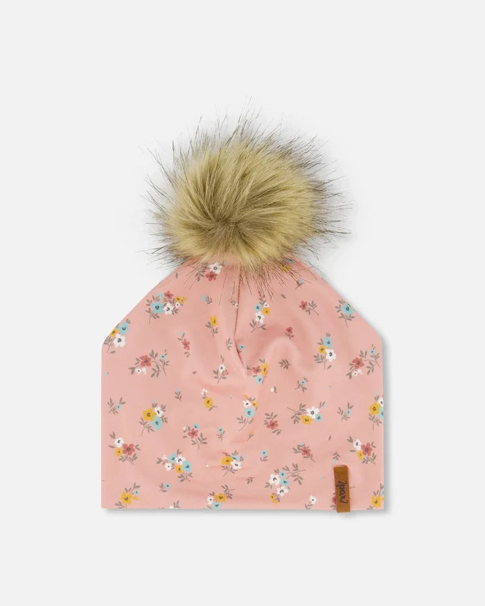 Deux Par Deux Detachable Pompom Hat - Pink Little Flowers