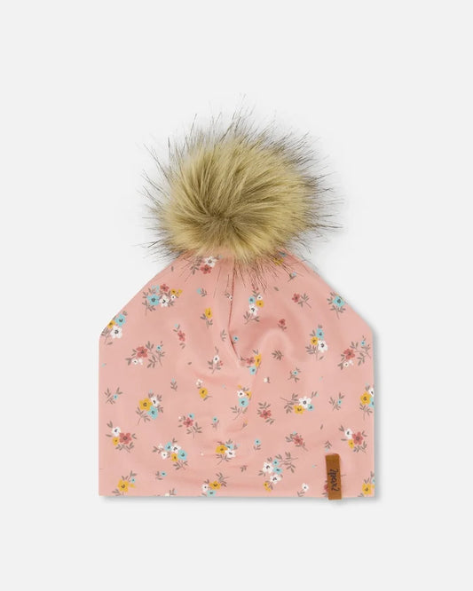 Deux Par Deux Detachable Pompom Hat - Pink Little Flowers