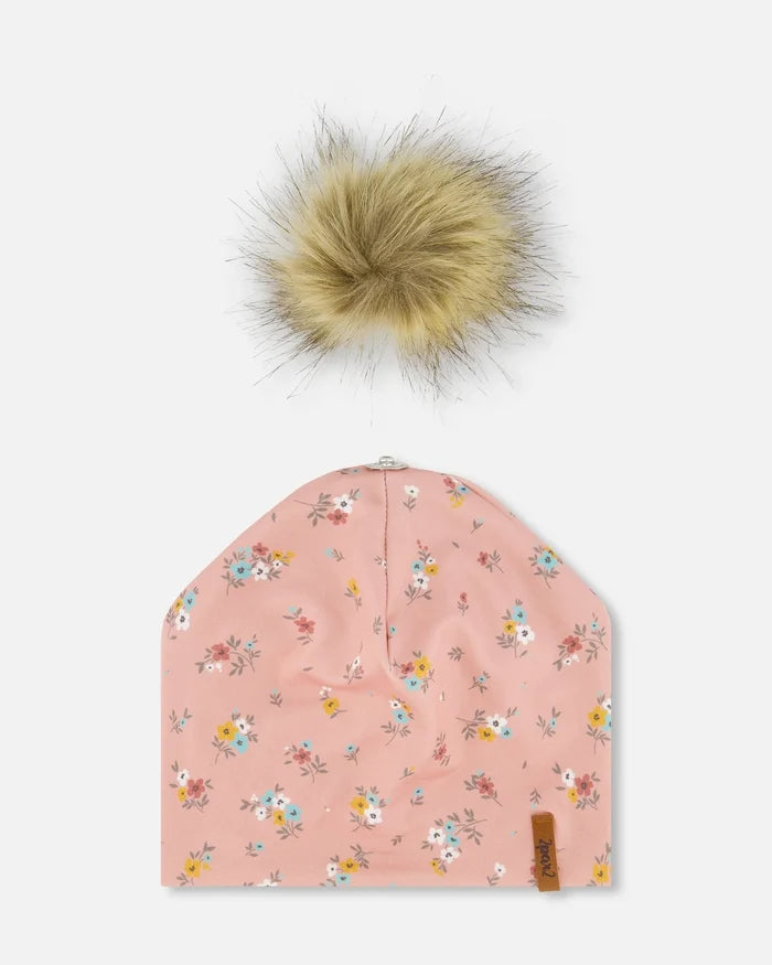 Deux Par Deux Detachable Pompom Hat - Pink Little Flowers