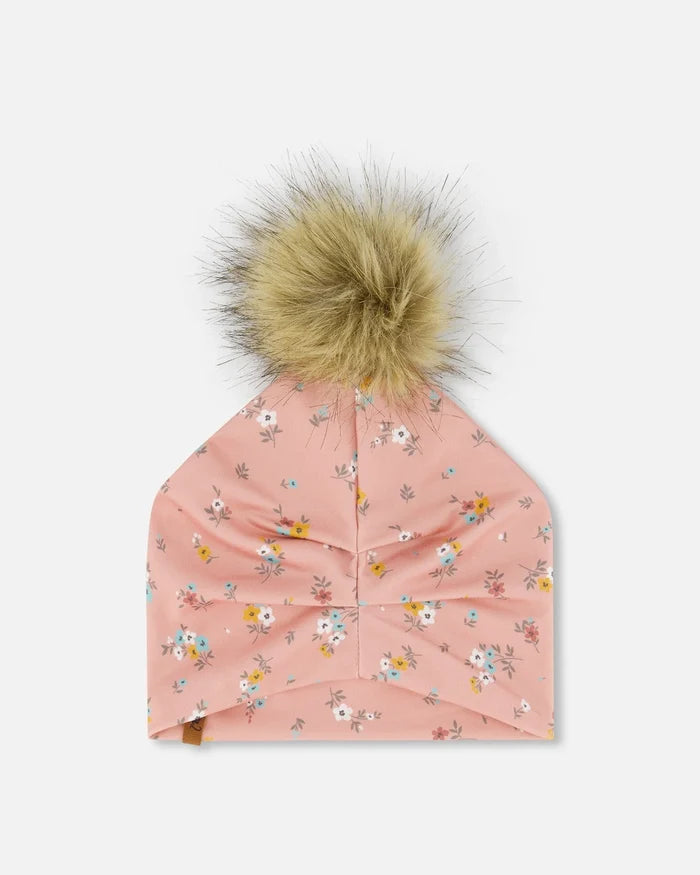 Deux Par Deux Detachable Pompom Hat - Pink Little Flowers