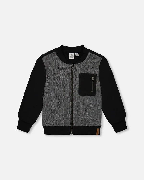 Deux Par Deux Fleece Sweater - Black and Gray Herringbone