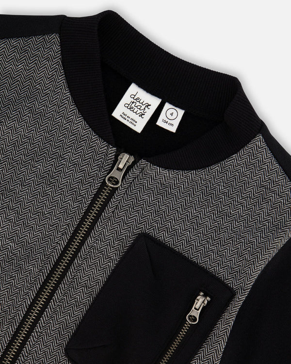 Deux Par Deux Fleece Sweater - Black and Gray Herringbone