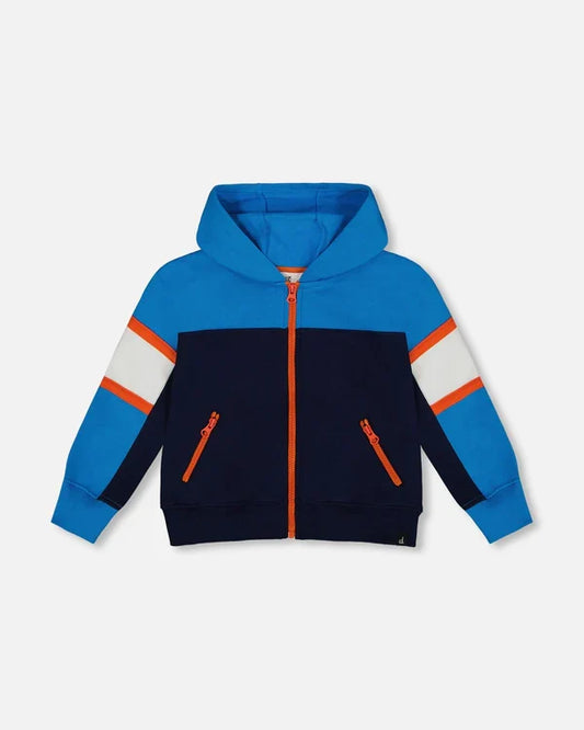 Deux Par Deux French Terry Color Block Full Zip Hoodie Cardigan Sweatshirt  - Peacoat/Navy