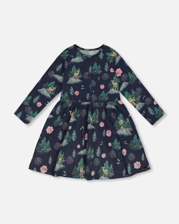 Deux Par Deux Jersey Long Sleeve Dress - Navy Bambi