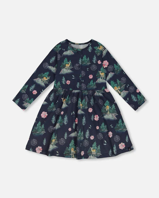 Deux Par Deux Jersey Long Sleeve Dress - Navy Bambi