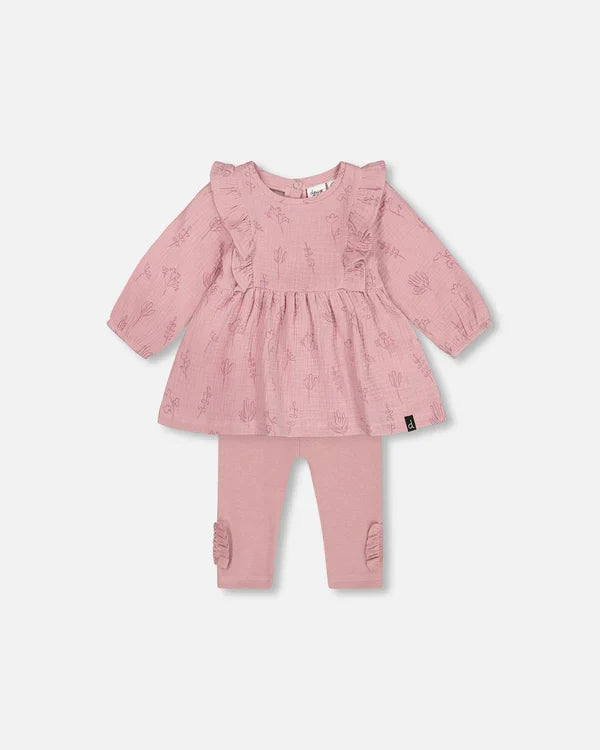 Deux Par Deux Muslin Tunic & Leggings Set - Printed lilac flowers